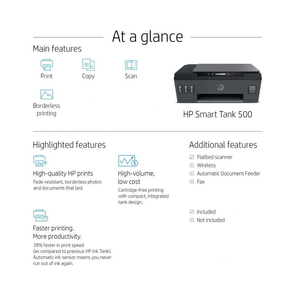 IMPRIMANTE MULTIFONCTION À RÉSERVOIRS RECHARGEABLES HP SMART TANK 500 (4SR29A)