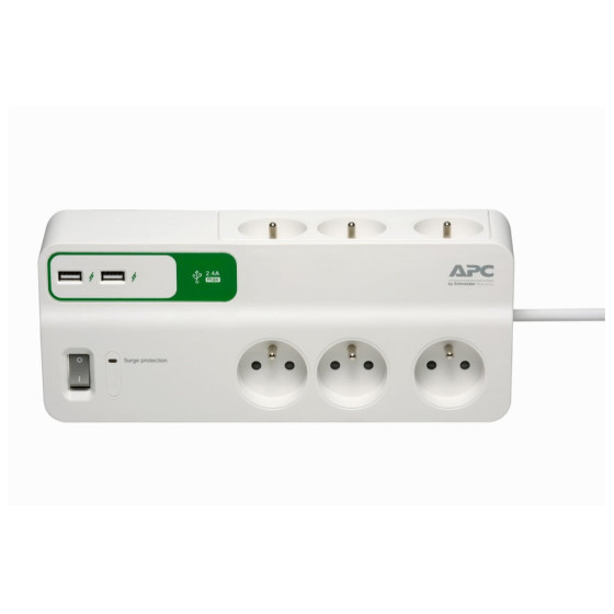 BLOC PARAFOUDRE APC ESSENTIAL SURGEARREST 6 PRISES FRANCE 230V AVEC 2 PORTS DE CHARGEMENT USB