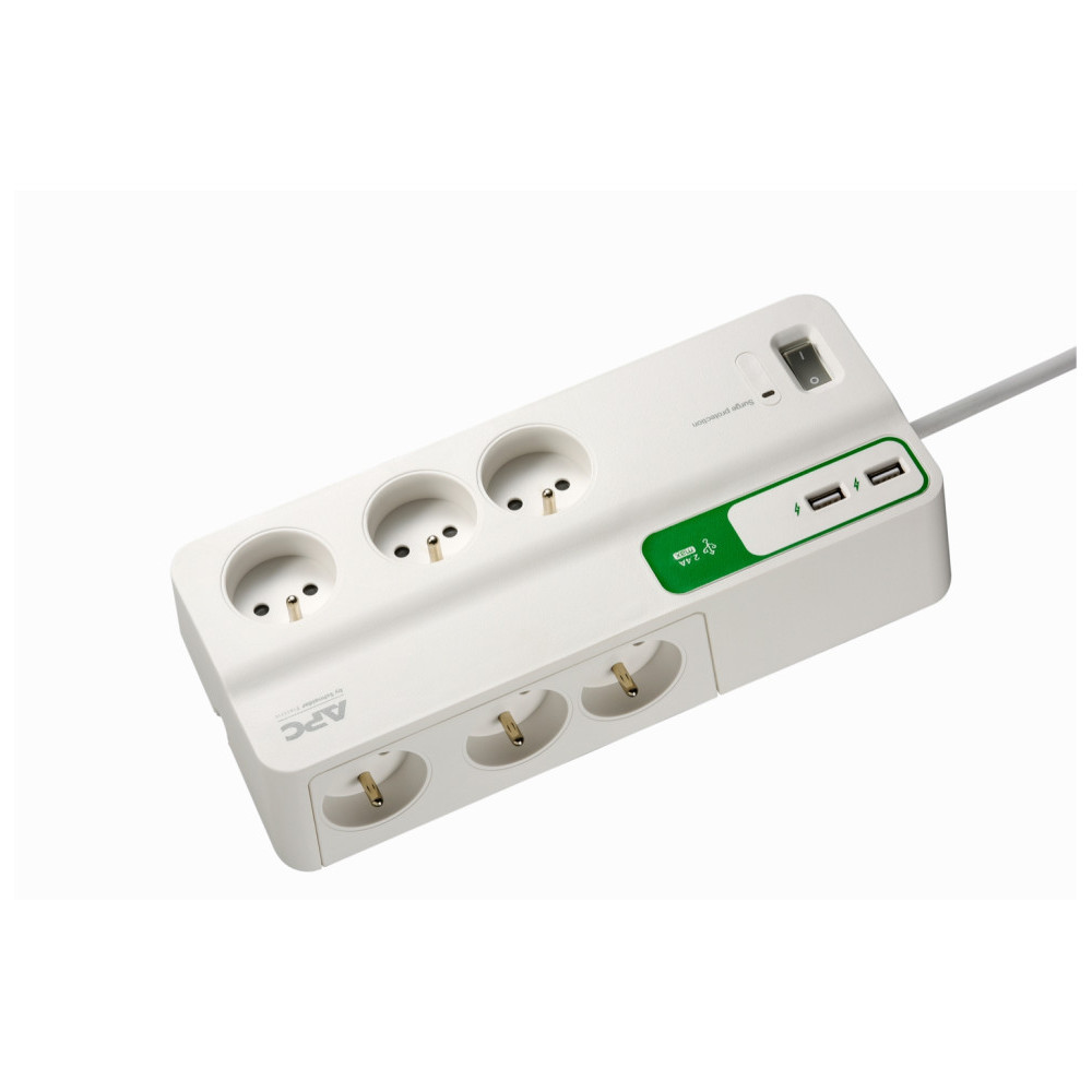 BLOC PARAFOUDRE APC ESSENTIAL SURGEARREST 6 PRISES FRANCE 230V AVEC 2 PORTS DE CHARGEMENT USB