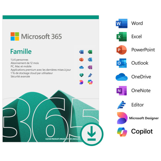 Microsoft 365 Famille Français - abonnement 12 mois pour 6 personnes | Licence officielle envoyée par email