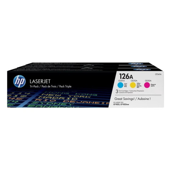 HP 126A CYAN/MAGENTA/JAUNE (CF341A) - PACK DE 3 TONERS COULEUR HP LASERJET D'ORIGINE