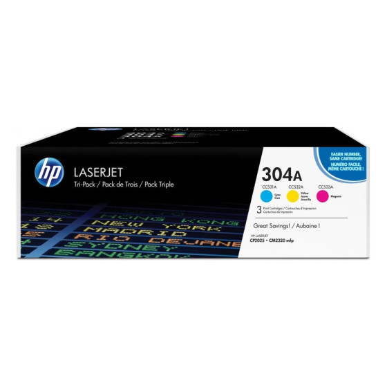 HP 304A CYAN/MAGENTA/JAUNE (CF372AM) - PACK DE 3 TONERS COULEUR HP LASERJET D'ORIGINE