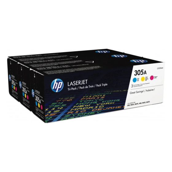 HP 305A CYAN/MAGENTA/JAUNE (CF370AM) - PACK DE 3 TONERS COULEUR HP LASERJET D'ORIGINE