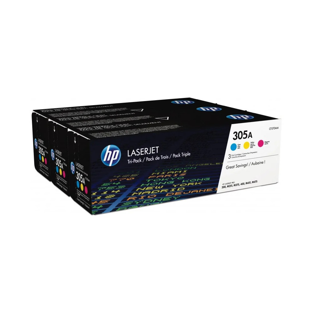 HP 305A CYAN/MAGENTA/JAUNE (CF370AM) - PACK DE 3 TONERS COULEUR HP LASERJET D'ORIGINE