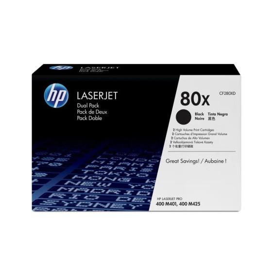 HP 80X NOIR (CF280XD) - PACK DE 2 TONERS GRANDE CAPACITÉ HP LASERJET D'ORIGINE