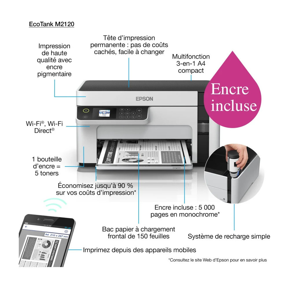 EPSON ECOTANK M2120 IMPRIMANTE MULTIFONCTION MONOCHROME À RÉSERVOIRS RECHARGEABLES (C11CJ18403)