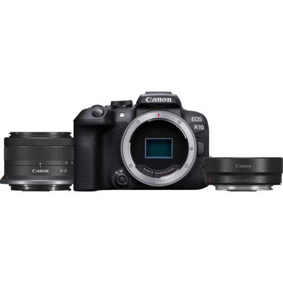 APPAREIL PHOTO HYBRIDE CANON EOS R10 + OBJECTIF RF-S 18-45MM F4.5-6.3 IS STM + BAGUE D'ADAPTATION MONTURE EF-EOS R (5331C038AA)