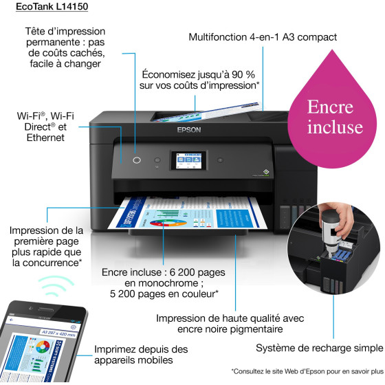IMPRIMANTE EPSON ECOTANK ITS L14150 A3+ À RÉSERVOIRS RECHARGEABLES (C11CH96403)